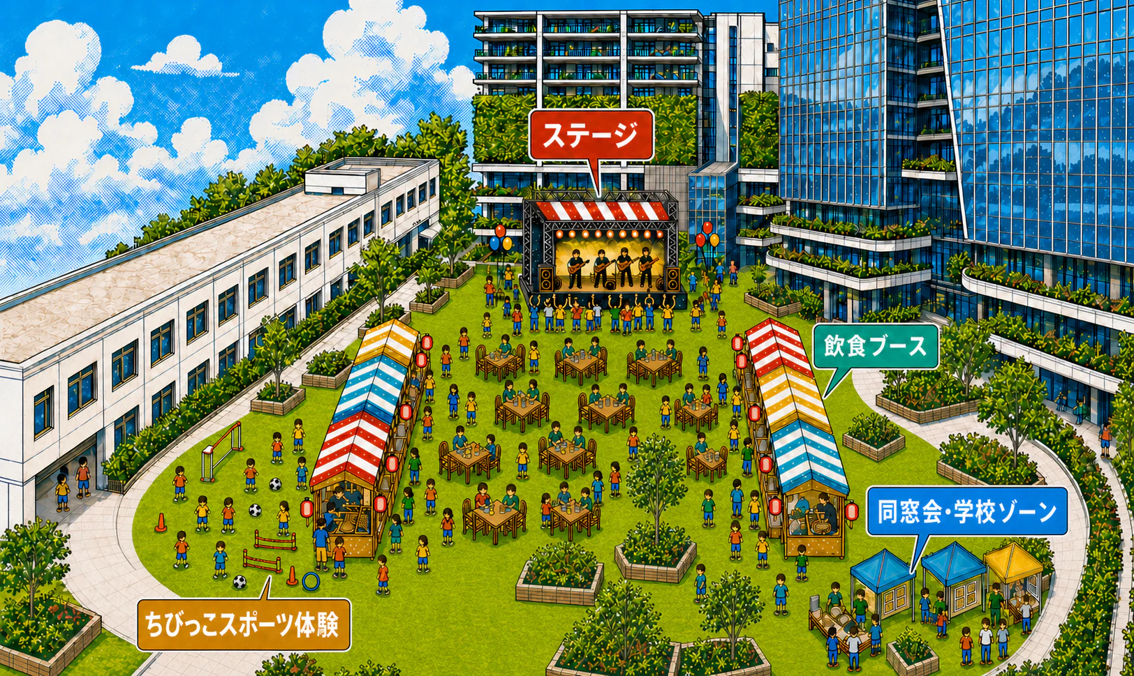 大名ガーデンシティパークの会場マップ。ステージ、飲食ブース、同窓会・学校ゾーン、ちびっこスポーツ体験の配置